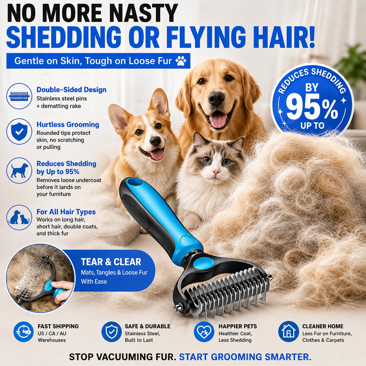 🐾Double-Sided Pet Grooming Brush – Hurtless Shedding & Dematting Undercoat Rake for Dogs and Cats