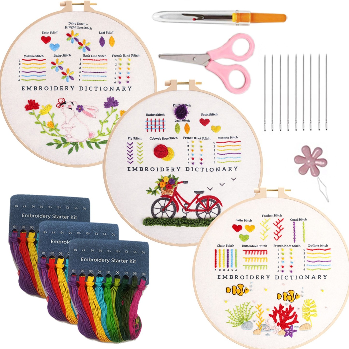 Basic embroidery practice (Basic 3-piece set)--DIY novice teaching material package