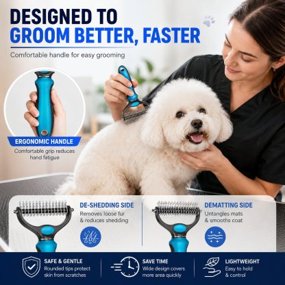 🐾Double-Sided Pet Grooming Brush – Hurtless Shedding & Dematting Undercoat Rake for Dogs and Cats