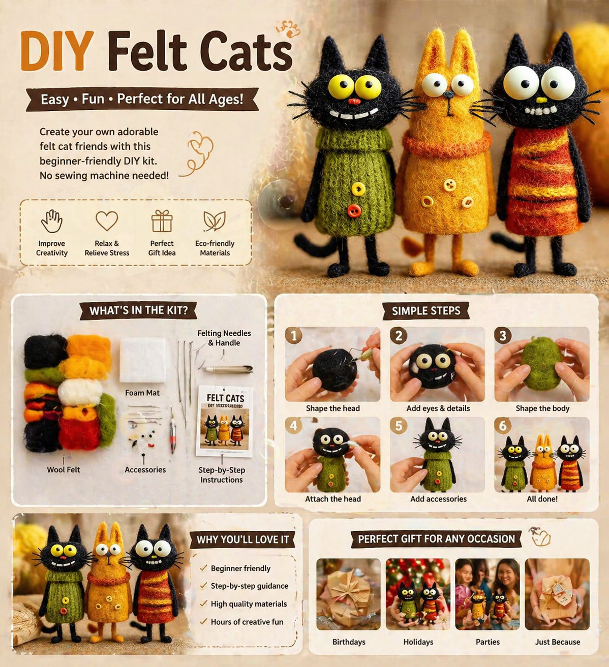 DIY Felt Cats Needle Felting Kit 🐱✨