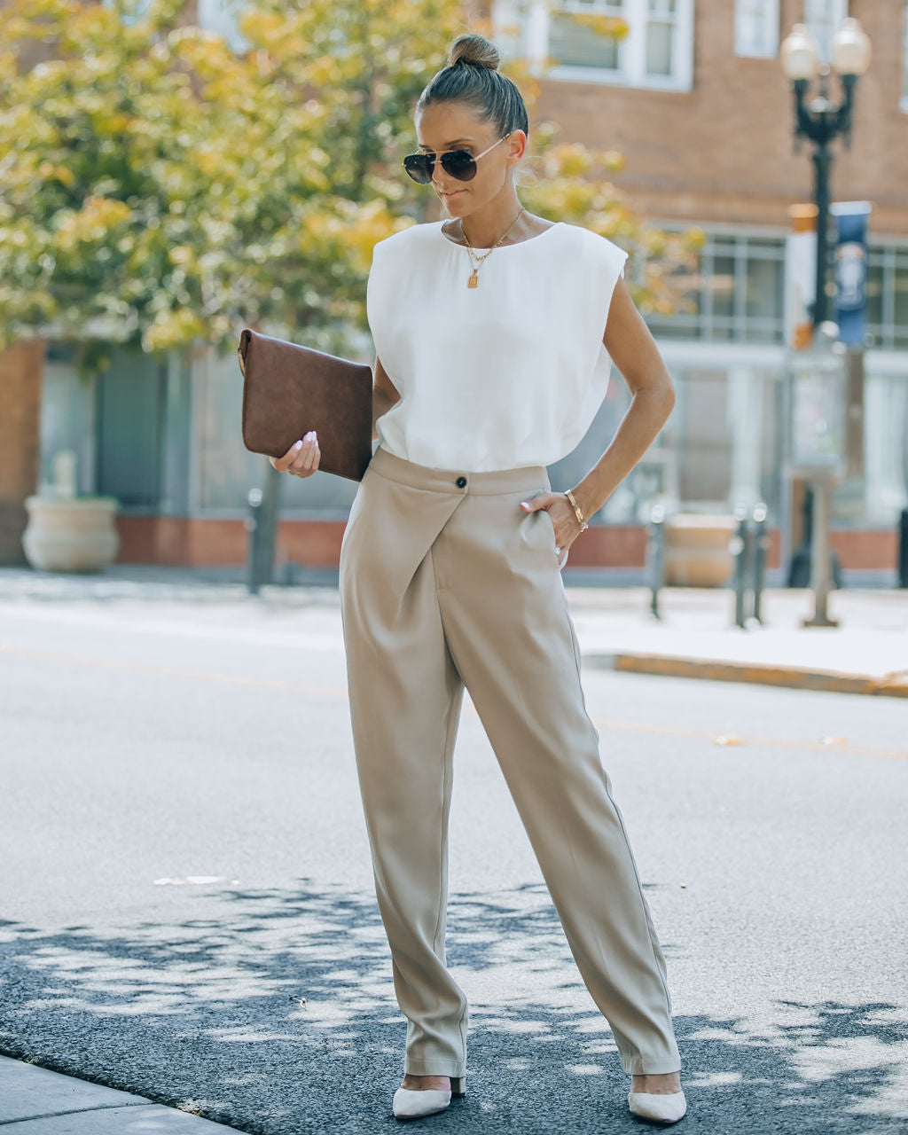 Uncommon Times Pocketed Asymmetrical Button Pants-Matylis