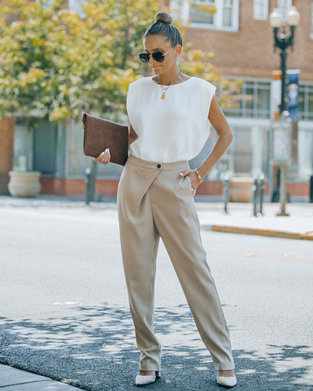 Uncommon Times Pocketed Asymmetrical Button Pants-Matylis