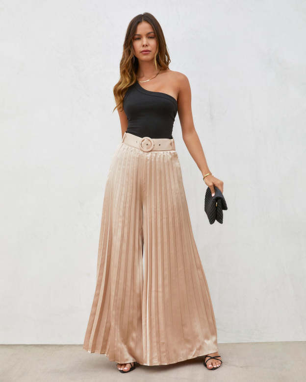 True Elegance Satin Pleated Belted Wide Leg Pants-Matylis