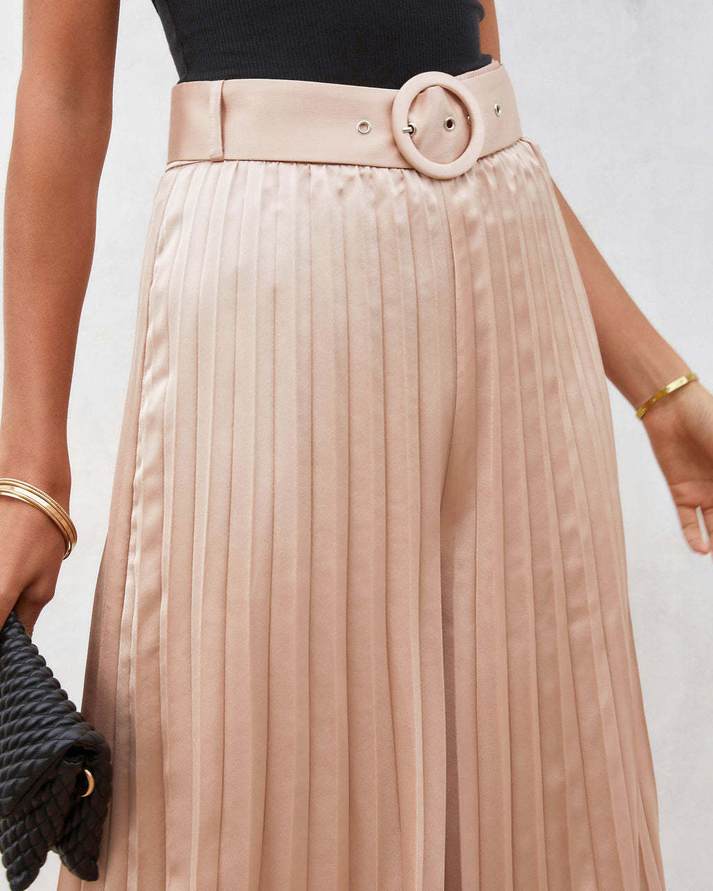True Elegance Satin Pleated Belted Wide Leg Pants-Matylis