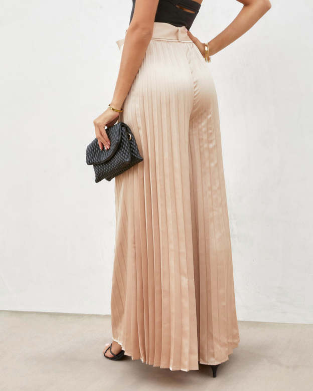 True Elegance Satin Pleated Belted Wide Leg Pants-Matylis