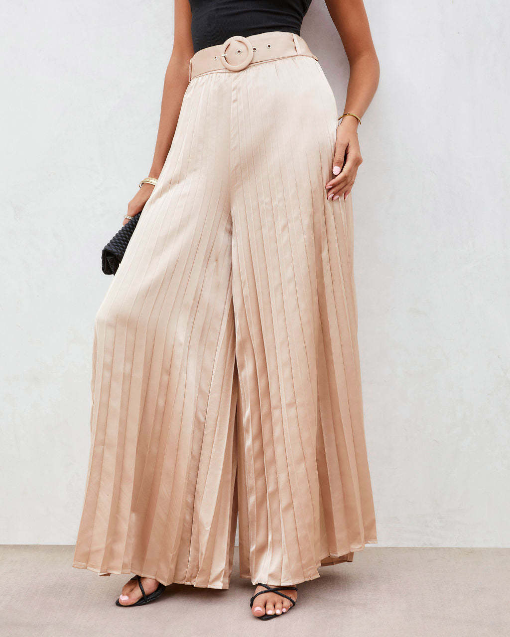 True Elegance Satin Pleated Belted Wide Leg Pants-Matylis