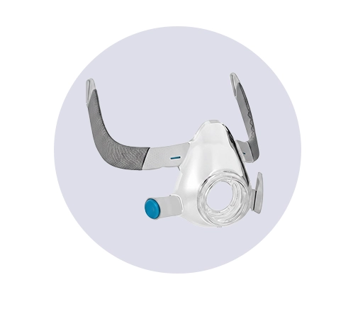 {"default":"ResMed F20 mask frame and cushion assembly, clear silicone cushion attached to gray frame with blue clips"}
