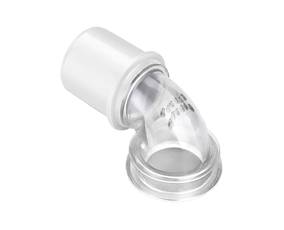 DreamWear mask swivel connector alternate side angle displaying the quick-click attachment and tube port