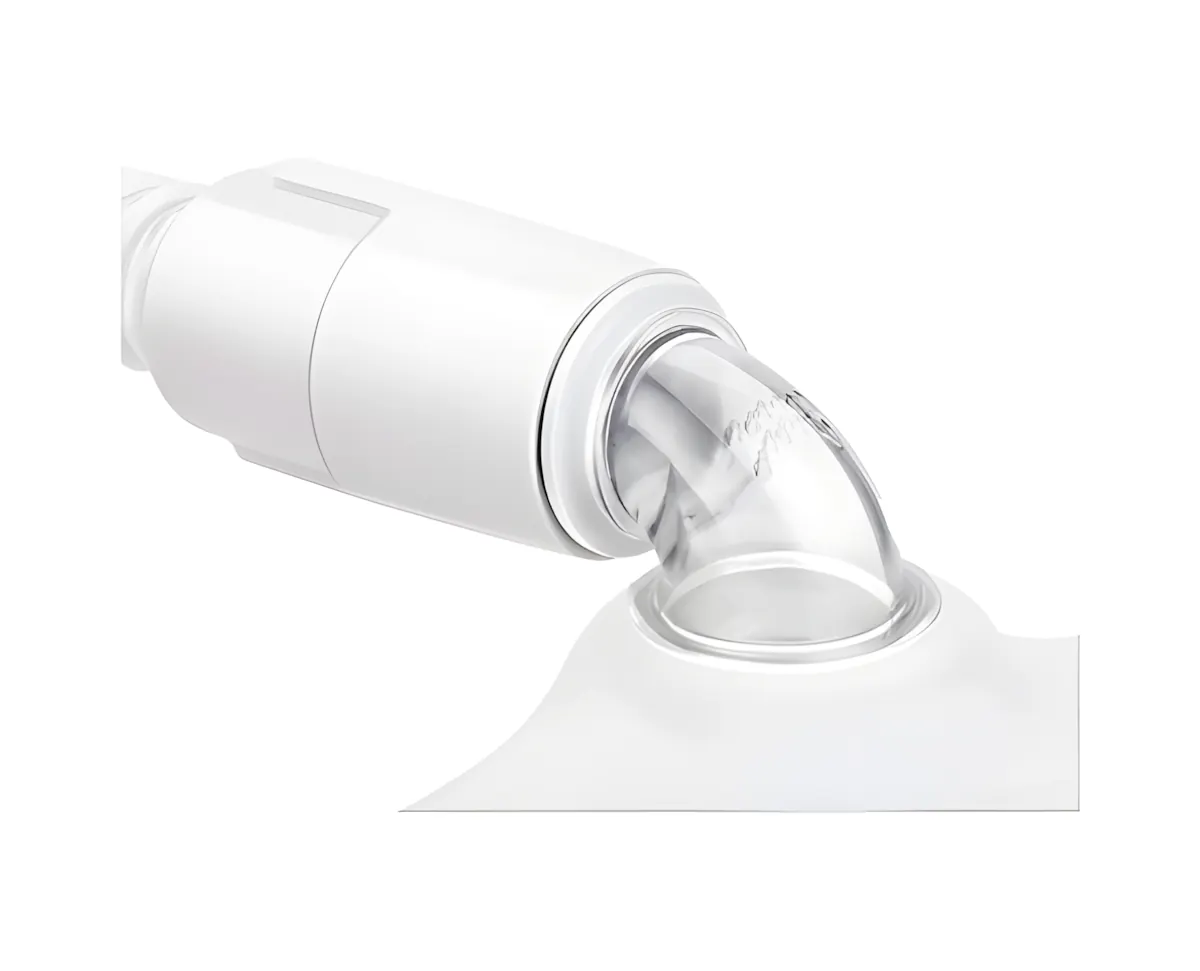 swivel elbow connected to nasal mask frame showing the in-use tube attachment position