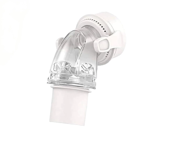 F20 elbow connector side view showing the angled swivel joint and short tube outlet