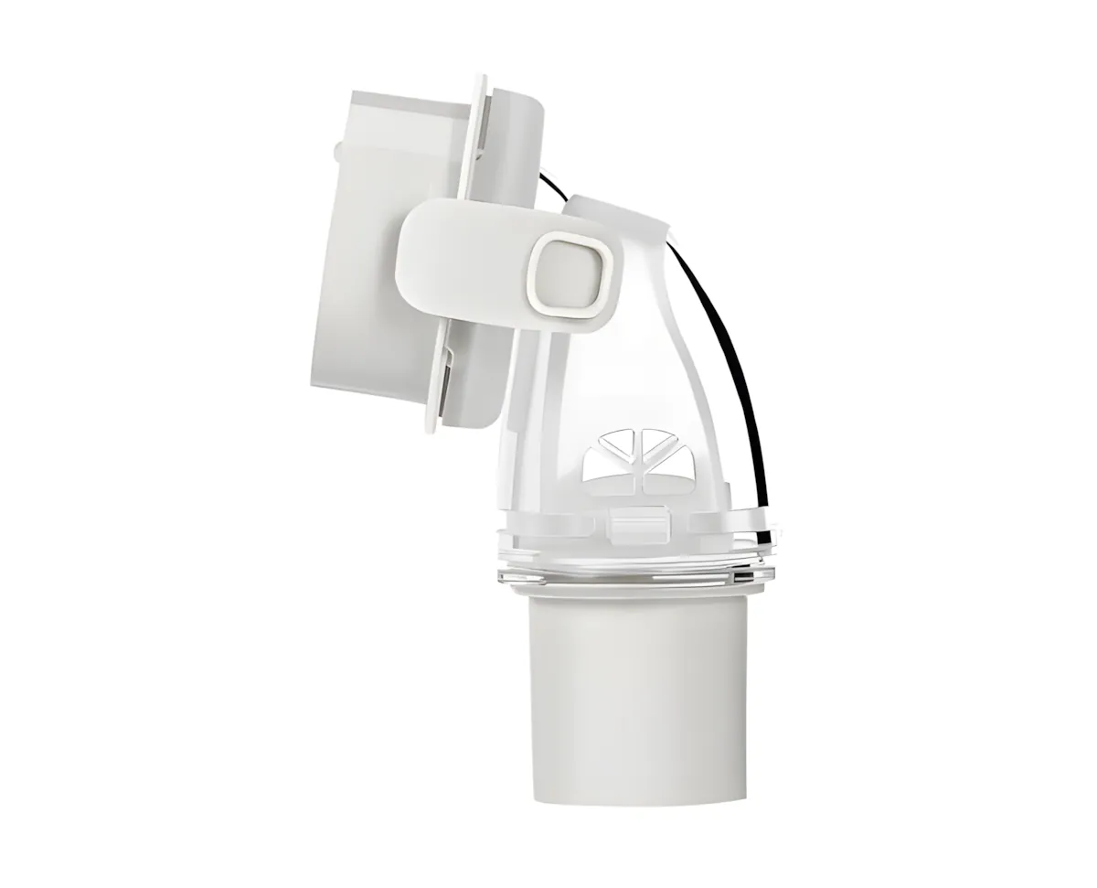 F20 elbow connector side view highlighting the snap-fit locking mechanism and rotation detail