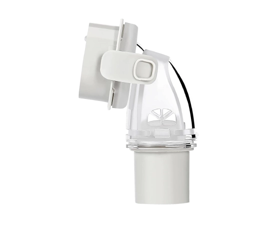 F20 elbow connector side view highlighting the snap-fit locking mechanism and rotation detail