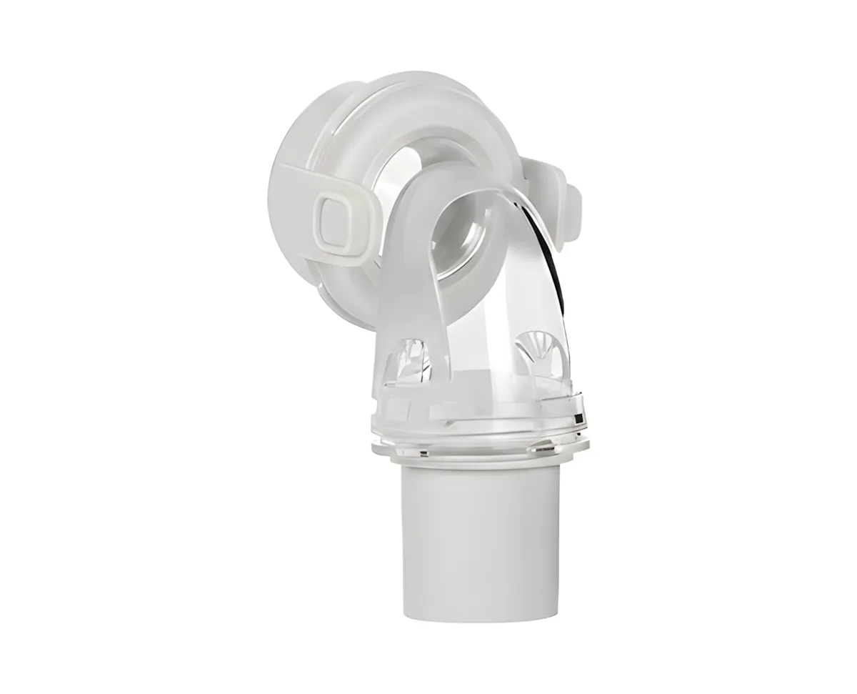 F20 elbow connector alternate side angle displaying the quick-release clip and frame port