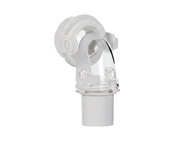 AirFit F20 elbow connector alternate side angle displaying the quick-release clip and frame port