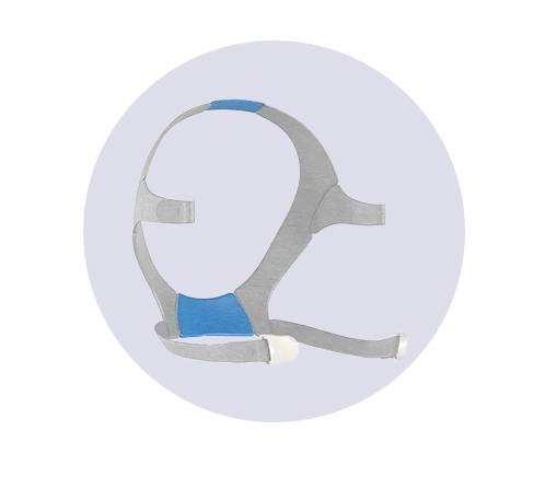 {"default":"ResMed AirFit F20 replacement headgear with blue lower strap and gray upper straps, shown on white background"}
