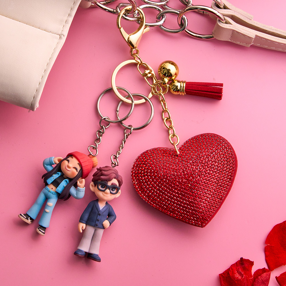 Custom 3D Figurine Photo Heart Keychain Personalized Romantic Gift for Couples Valentines Day Anniversary - 