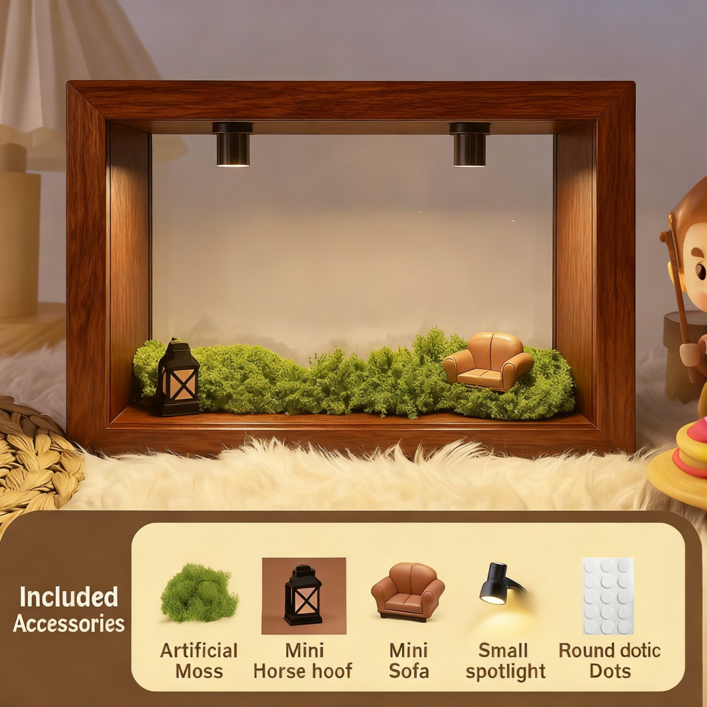 Custom Miniature Diorama Walnut Shadow Box with LED Light | DIY Desktop Decor Gift - 