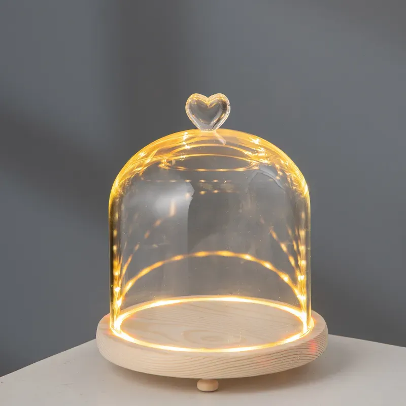 (Suitable for 3D Figures) Heart Wooden Base Glass Dome Fairy Light Lamp Warm LED Decorative Light