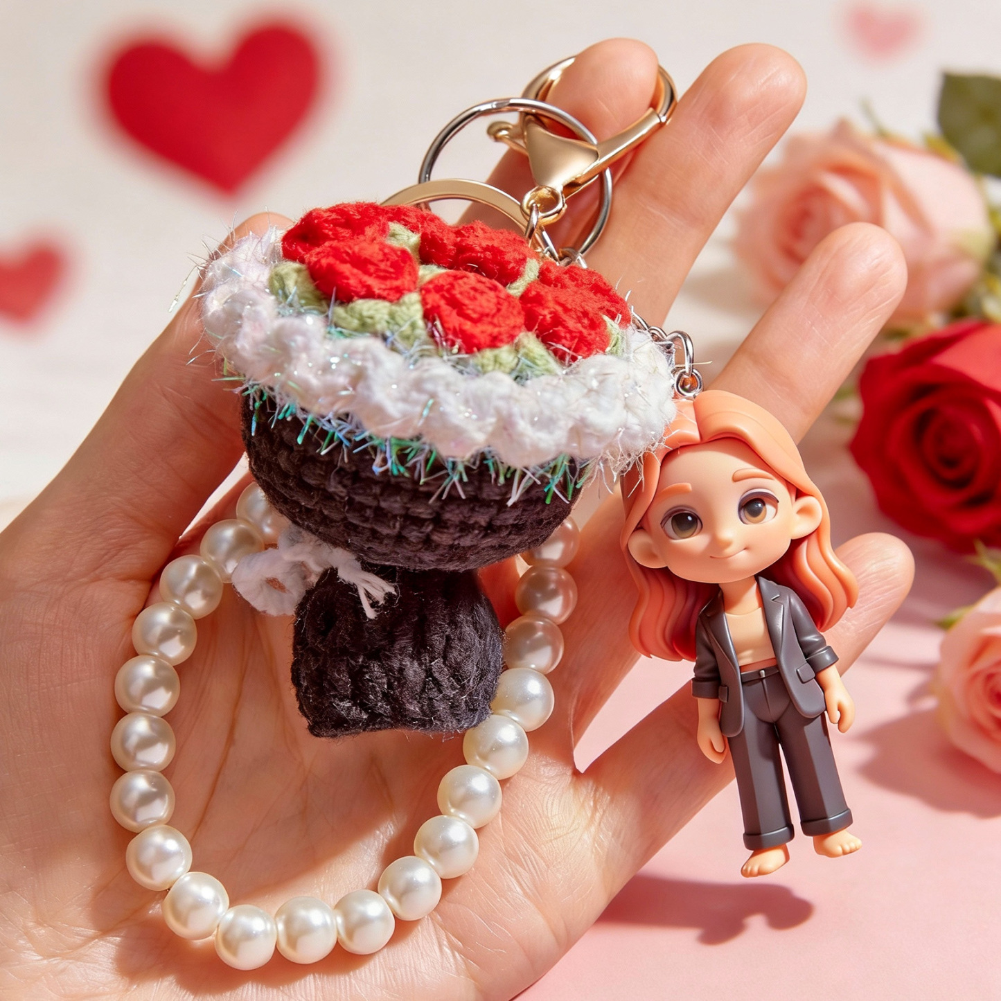 Custom 3D Figurine Photo Knitted Bouquet Keychain Personalized Romantic Gift for Couples Valentines Day Anniversary