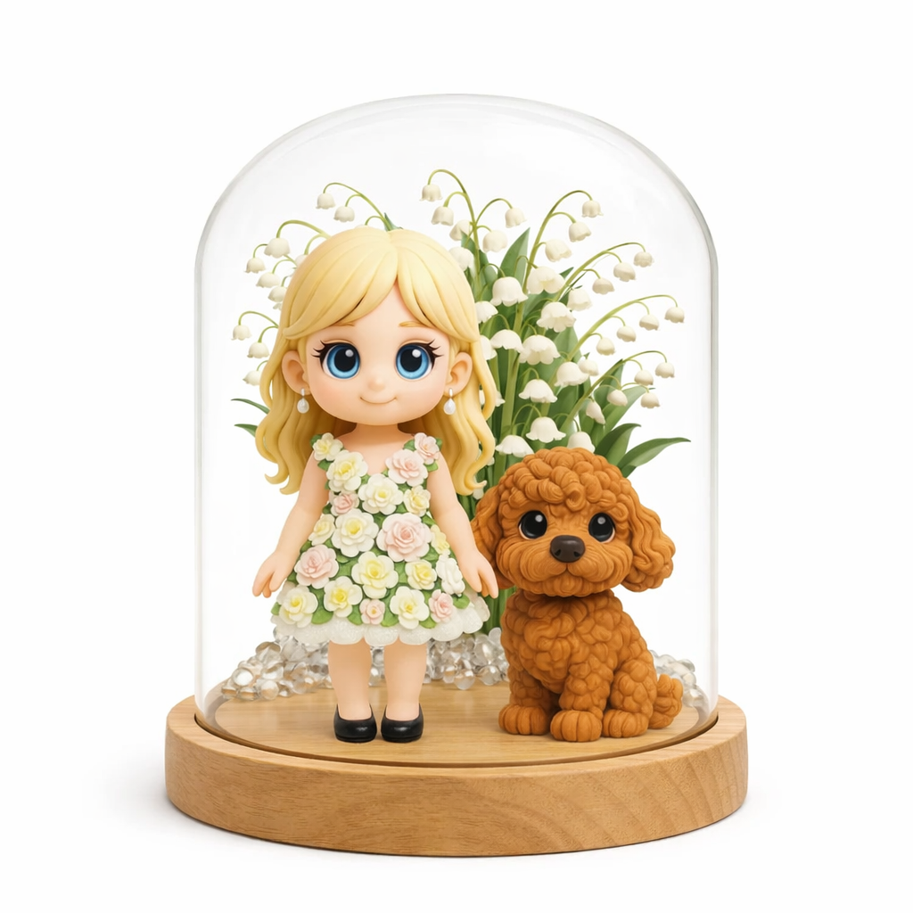 Custom 3D Figure Night Light with Lily of the Valley Glass Dome Personalized Photo Gift for Mom Wife Anniversary Bedroom Lamp - 