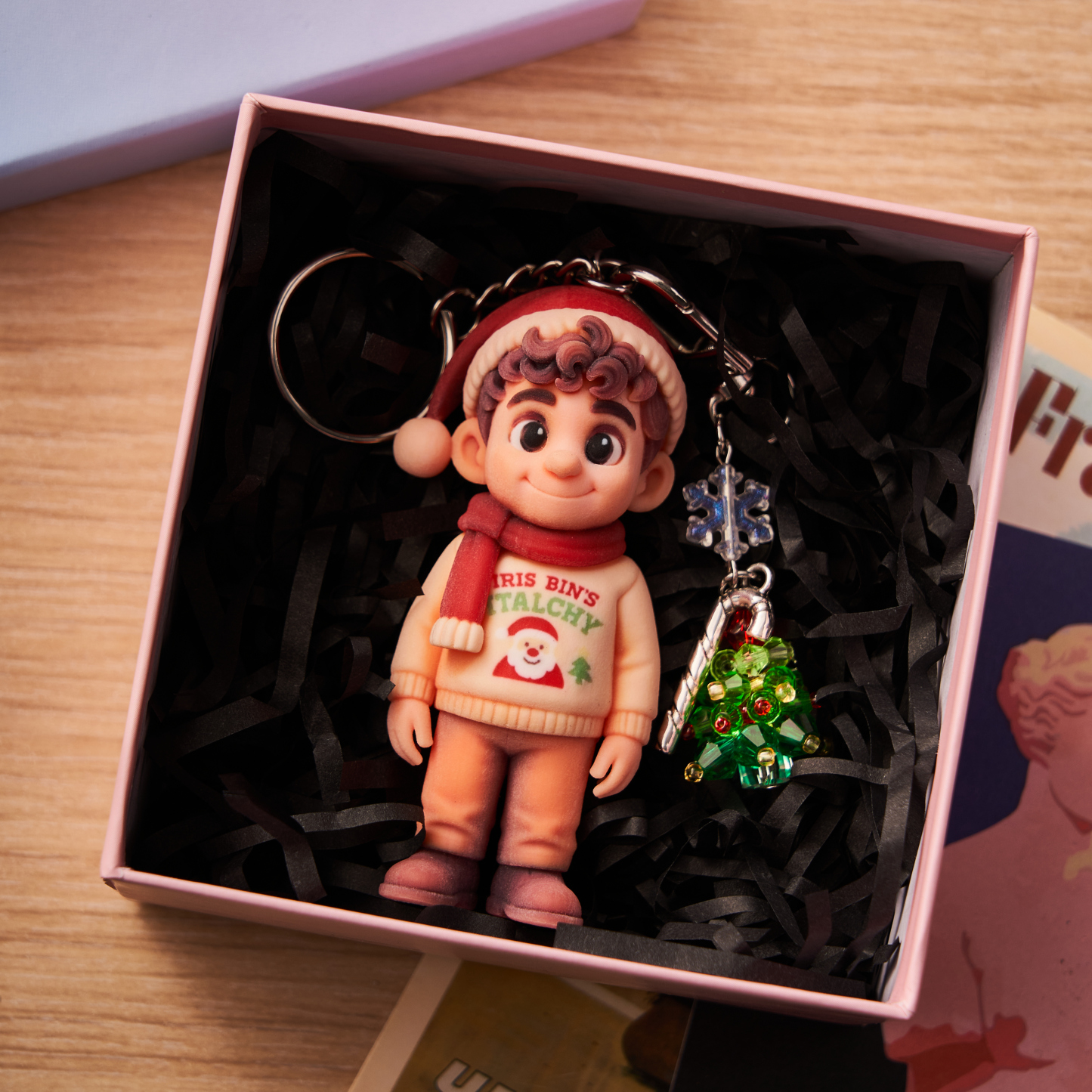 Personalized 3D Keychain from Photo with Crystal Christmas Tree Pendant Custom Cartoon Mini Figure Doll Unique Keyring & Creative Gift with Tree ​​Accessory - 