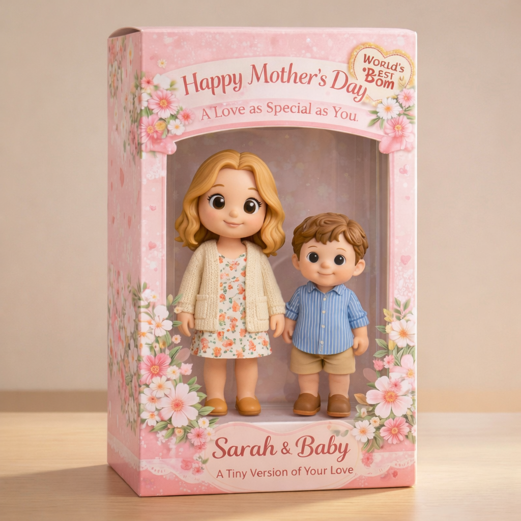 Personalized 3D Figurine Gift Box with Floral Design Custom Mom & Baby Figure from Photo Unique Keepsake Gift for Mom Grandma Mother’s Day - 