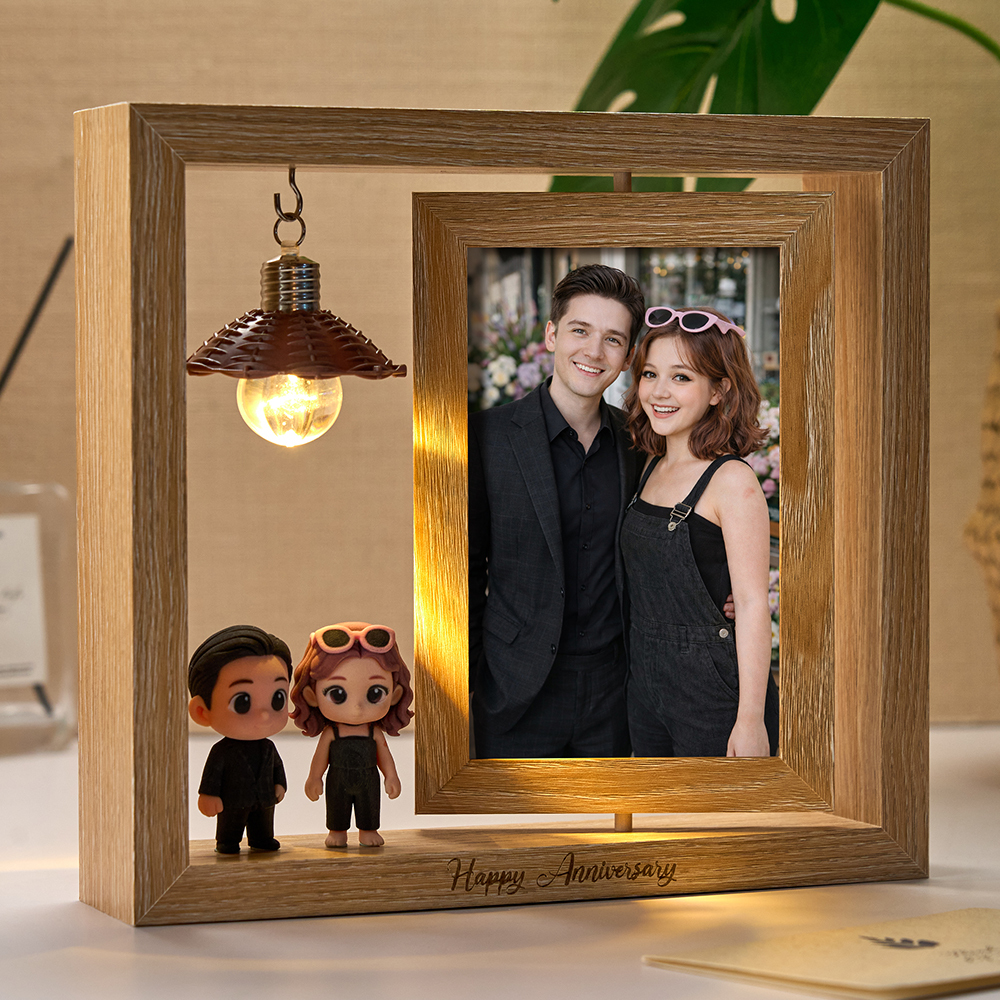 Custom 3D Figure from Your Photo Rotating Wooden Picture Frame Lighted Display Romantic Anniversary Gift for Couples Valentine Gift - 