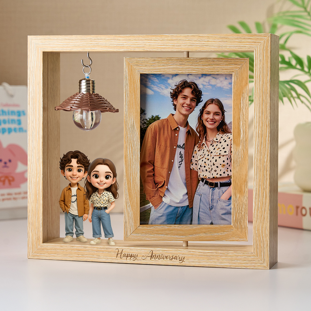 Custom 3D Figure from Your Photo Rotating Wooden Picture Frame Lighted Display Romantic Anniversary Gift for Couples Valentine Gift - 