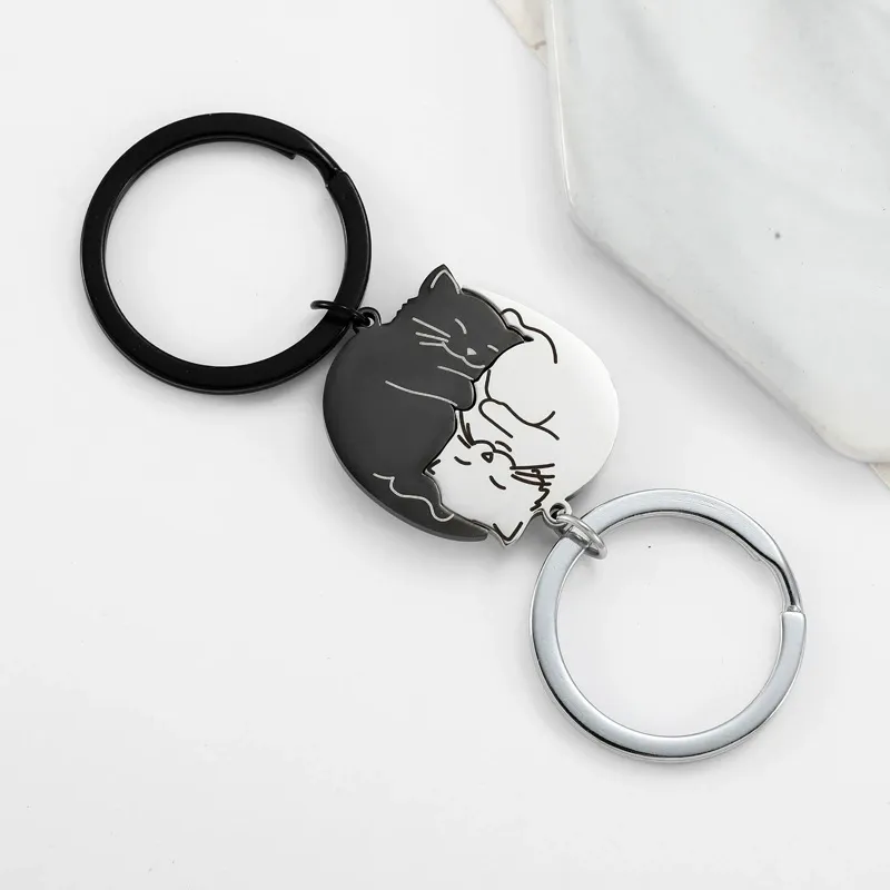lack and White Cat Stainless Steel Keychain