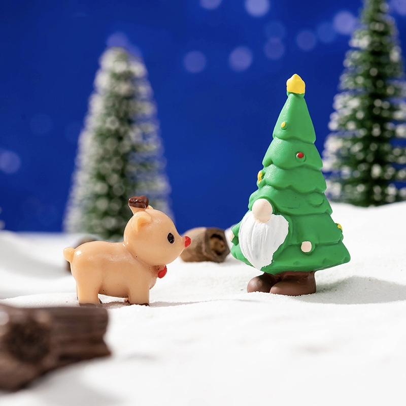 Christmas Tree Santa & Reindeer Figurine Set Mini Resin Decorations for Holiday Tabletop Snow Scene & Festive DIY Displays - 