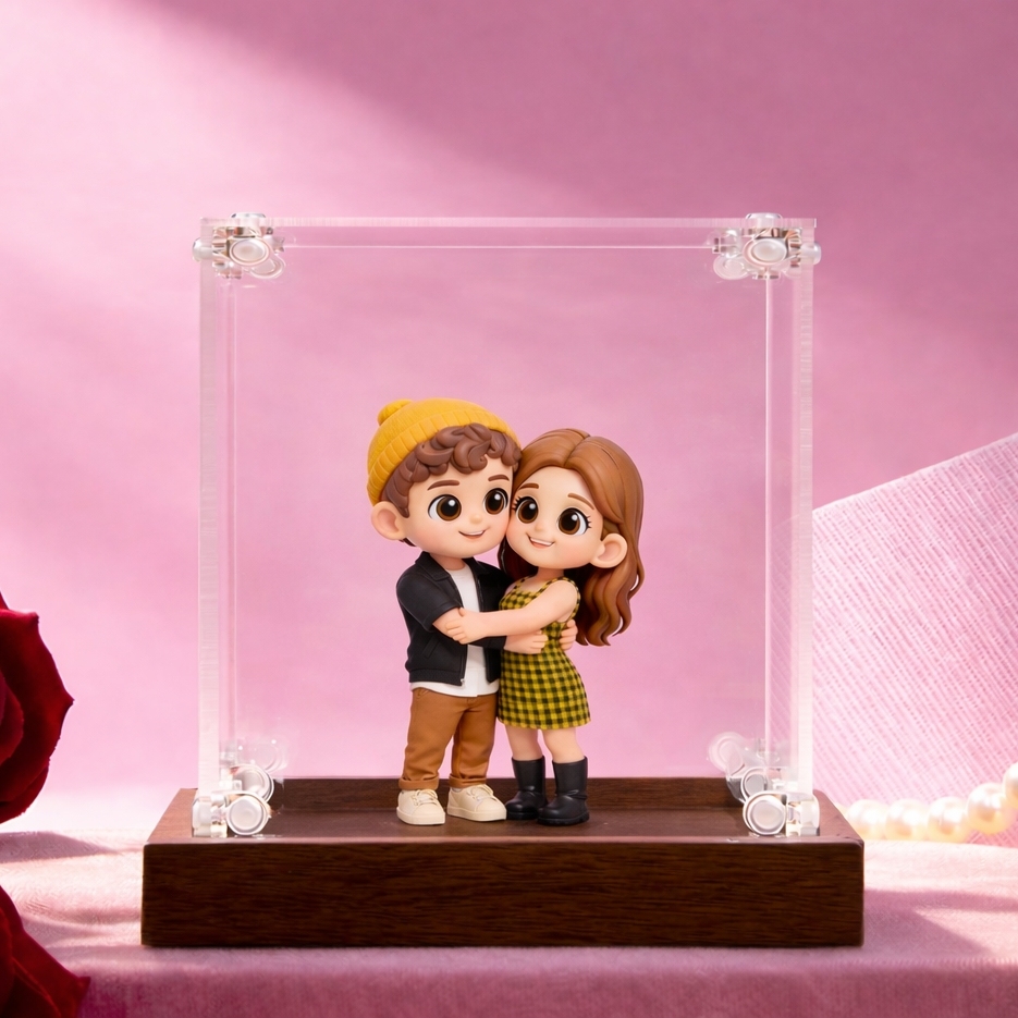 Custom 3D Figurine in Acrylic Display Case with Wooden Base From Your Photo Personalized Romantic Gift for Anniversary Wedding Valentine