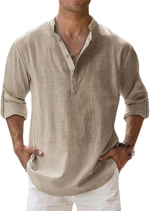 Men's Casual Cotton Linen Long Sleeve T-Shirt Breathable Lightweight Tops