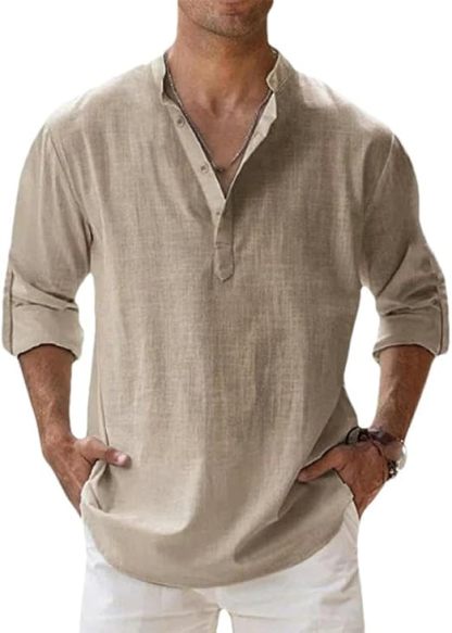 Men's Casual Cotton Linen Long Sleeve T-Shirt Breathable Lightweight Tops