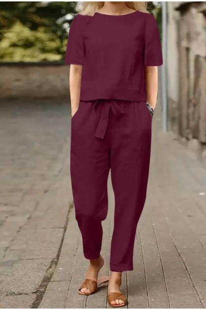 2026 new women's cotton and linen set half sleeve + wide leg pants