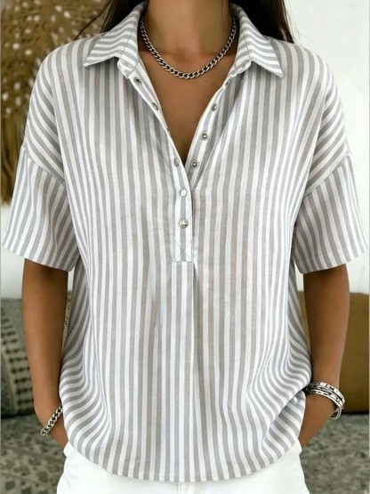 Casual Striped Polo Collar Snap Buttons Cotton Linen Shirt