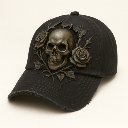 🧢 Gothic Skull & Thorn Rose Baseball Cap | Shadow Carved Edition