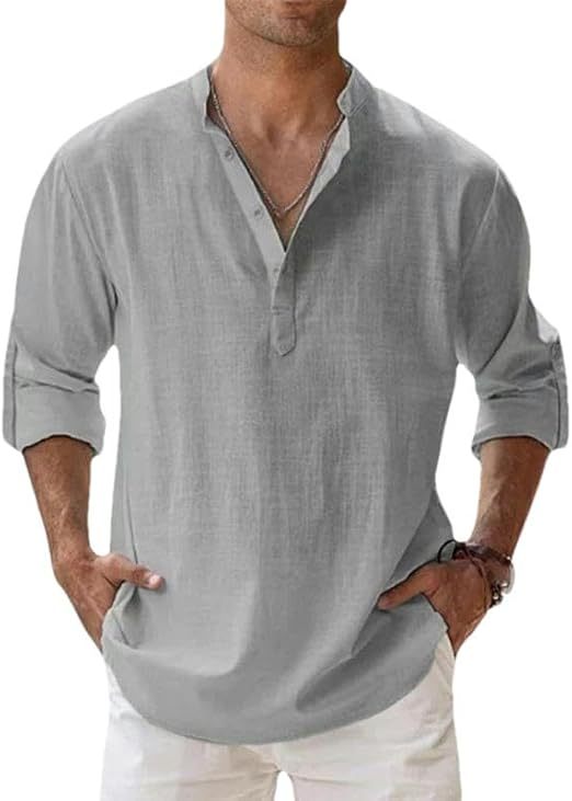 Men's Casual Cotton Linen Long Sleeve T-Shirt Breathable Lightweight Tops
