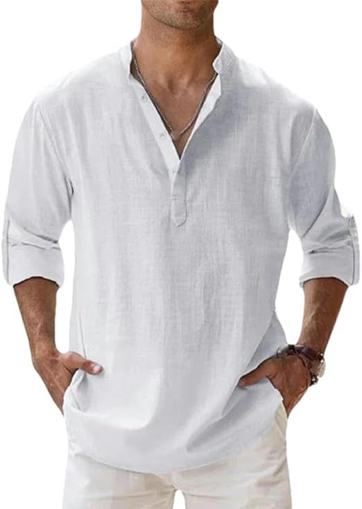 Men's Casual Cotton Linen Long Sleeve T-Shirt Breathable Lightweight Tops