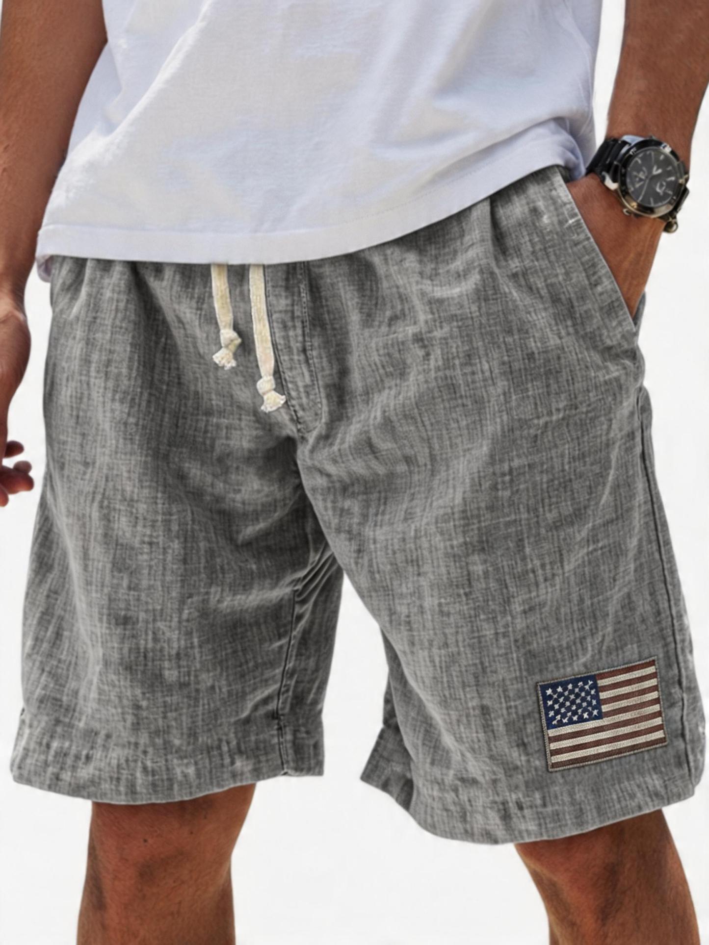 Men's Breathable Linen Embroidered Logo Loose Holiday Shorts