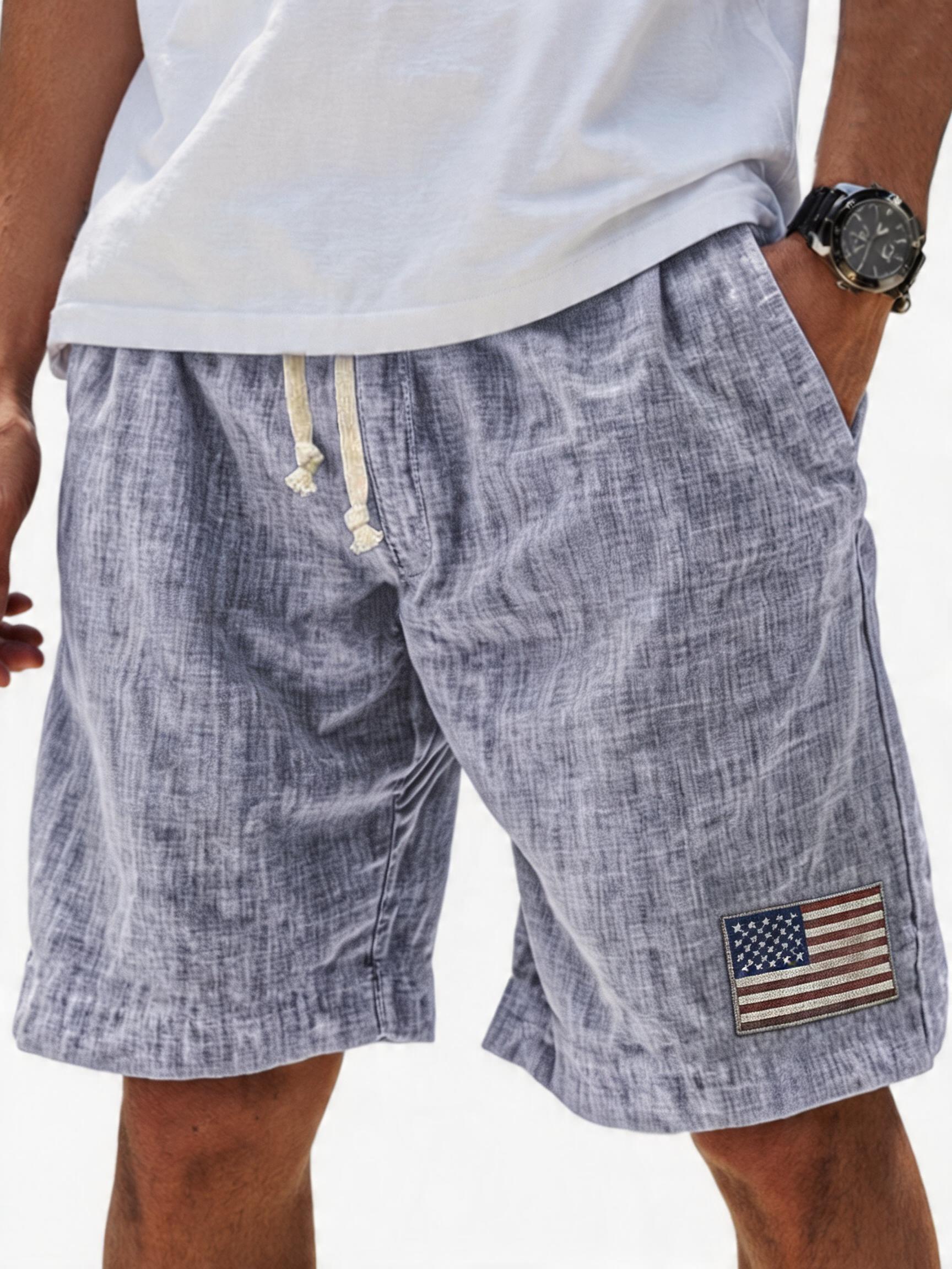 Men's Breathable Linen Embroidered Logo Loose Holiday Shorts
