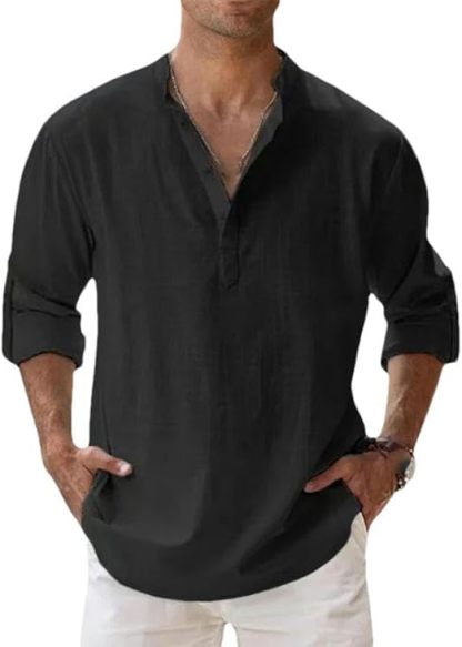 Men's Casual Cotton Linen Long Sleeve T-Shirt Breathable Lightweight Tops