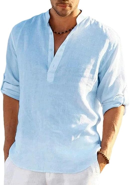 Men's Casual Cotton Linen Long Sleeve T-Shirt Breathable Lightweight Tops