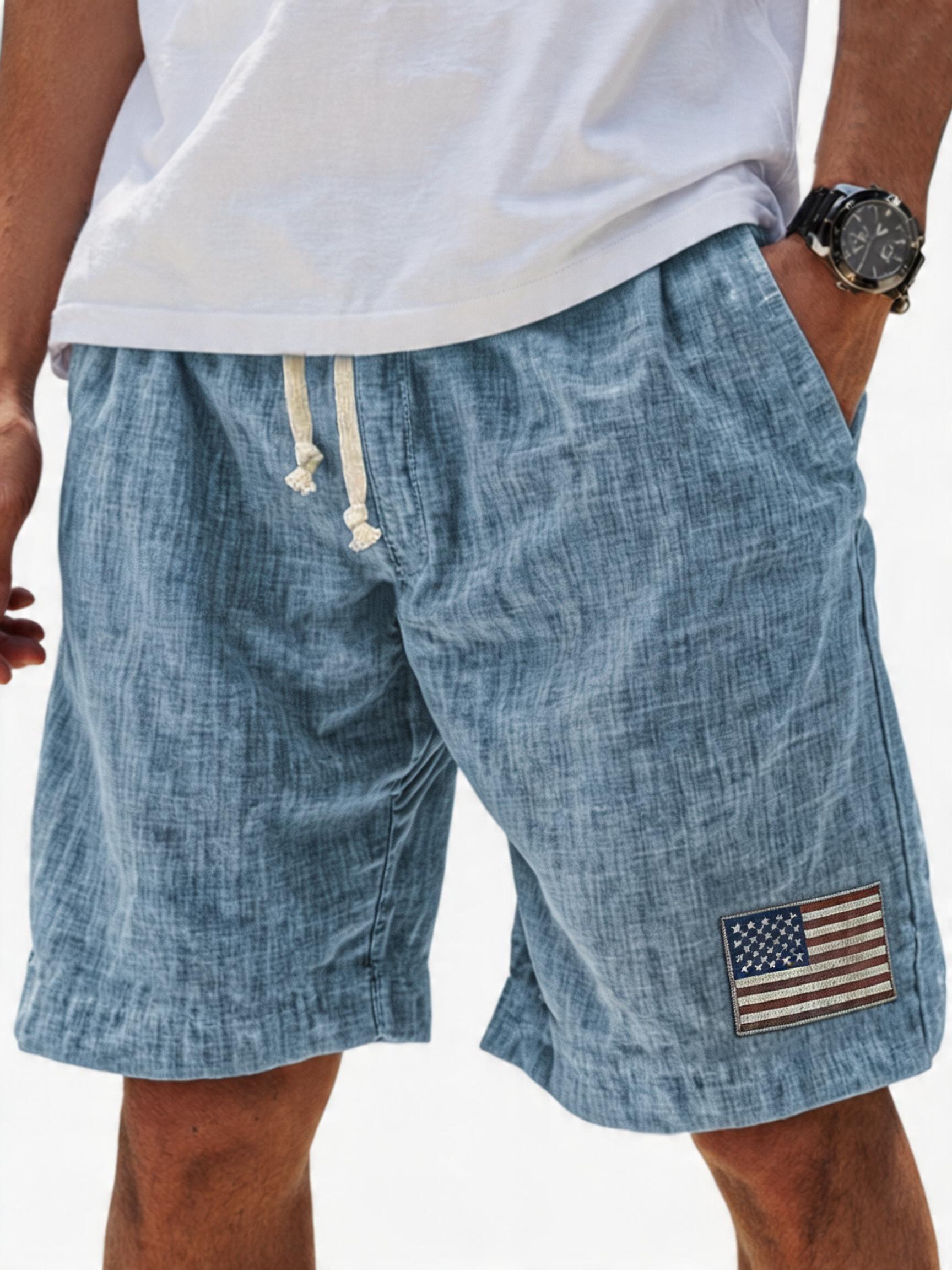 Men's Breathable Linen Embroidered Logo Loose Holiday Shorts