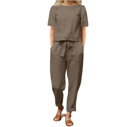 2026 new women's cotton and linen set half sleeve + wide leg pants