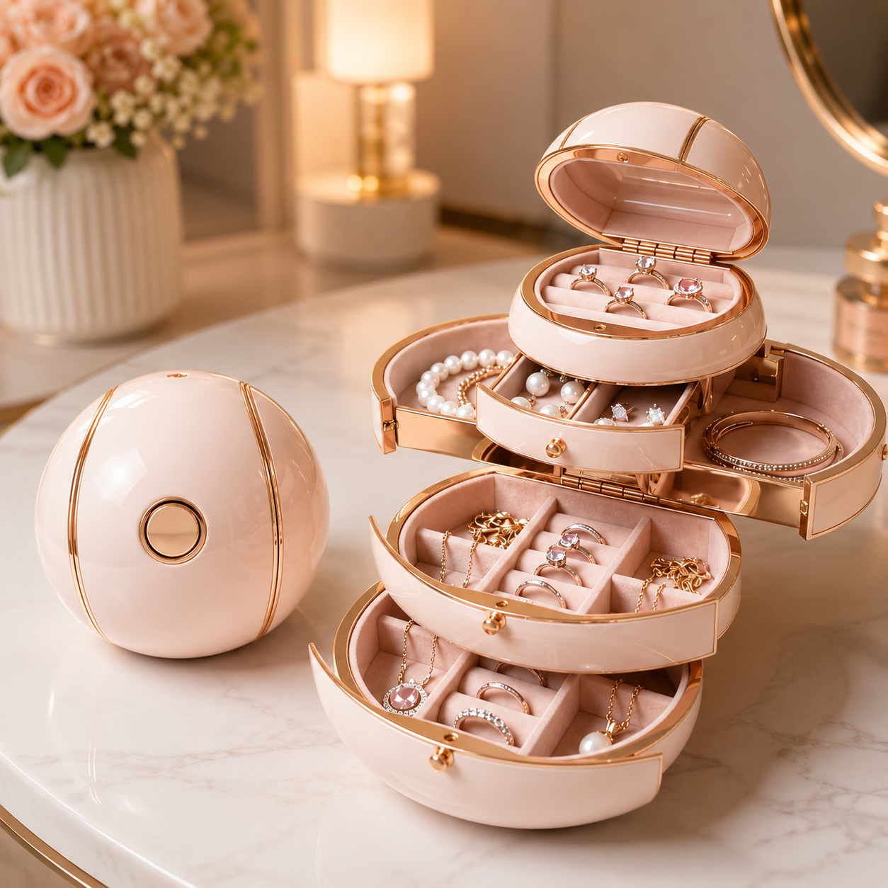 One-Touch Flower-Opening Spherical Jewelry Box