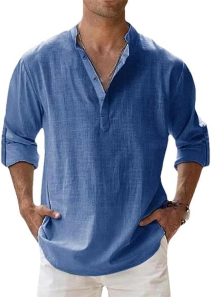 Men's Casual Cotton Linen Long Sleeve T-Shirt Breathable Lightweight Tops