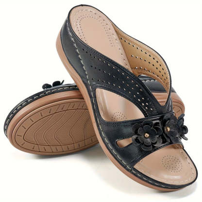 Women Wedge Heel Thick Soled Hollow Rivet Flower Slippers