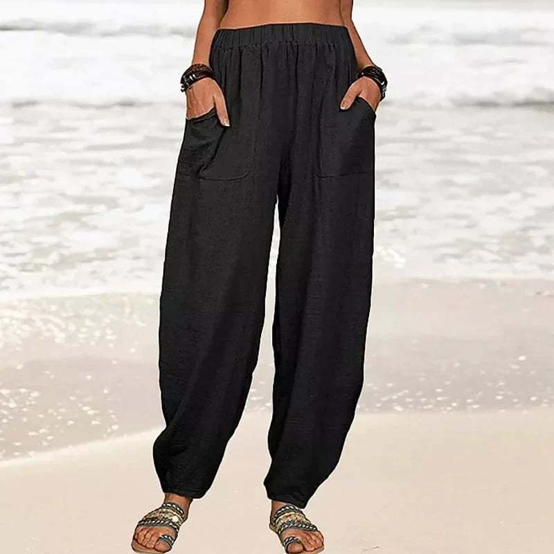 Women's Casual Cotton Linen Pants Solid Color Loose Fit Comfortable Breathable Summer Trousers
