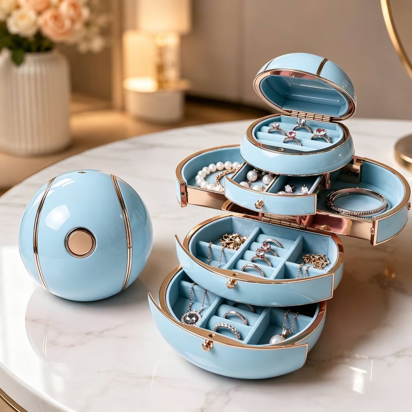 One-Touch Flower-Opening Spherical Jewelry Box
