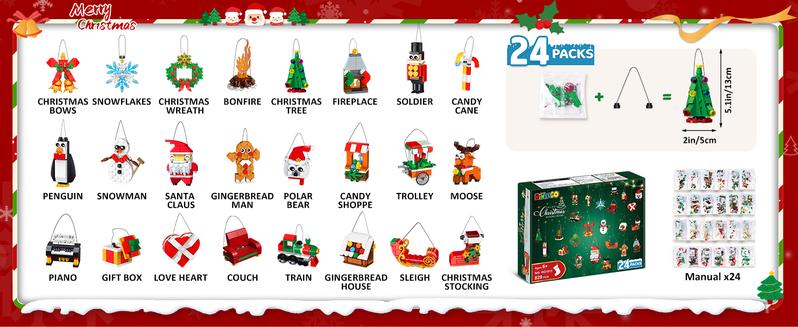 24 Days Christmas Countdown Ornaments Building Set with Hanging Christmas Tree, Wreath, Santa, Snowman, Gingerbread, Reindeer, Nutcracker Snowflakes Xmas Stocking Stuffer Decor Toy Gift for Kids Girl Boys  Ages 6+